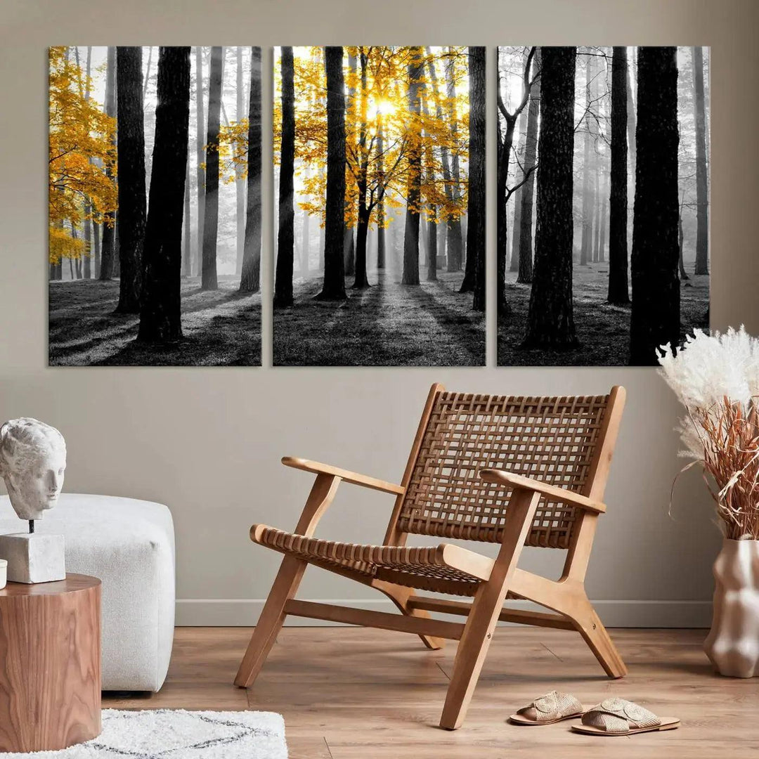 Golden Autumn Forest Canvas Wall Art Print - Black and White Landscape with Vibrant Golden Leaves for Living Room, Modern Nature Decor