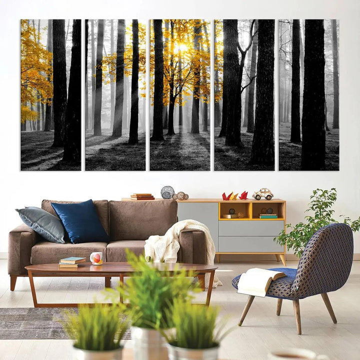 Golden Autumn Forest Canvas Wall Art Print - Black and White Landscape with Vibrant Golden Leaves for Living Room, Modern Nature Decor