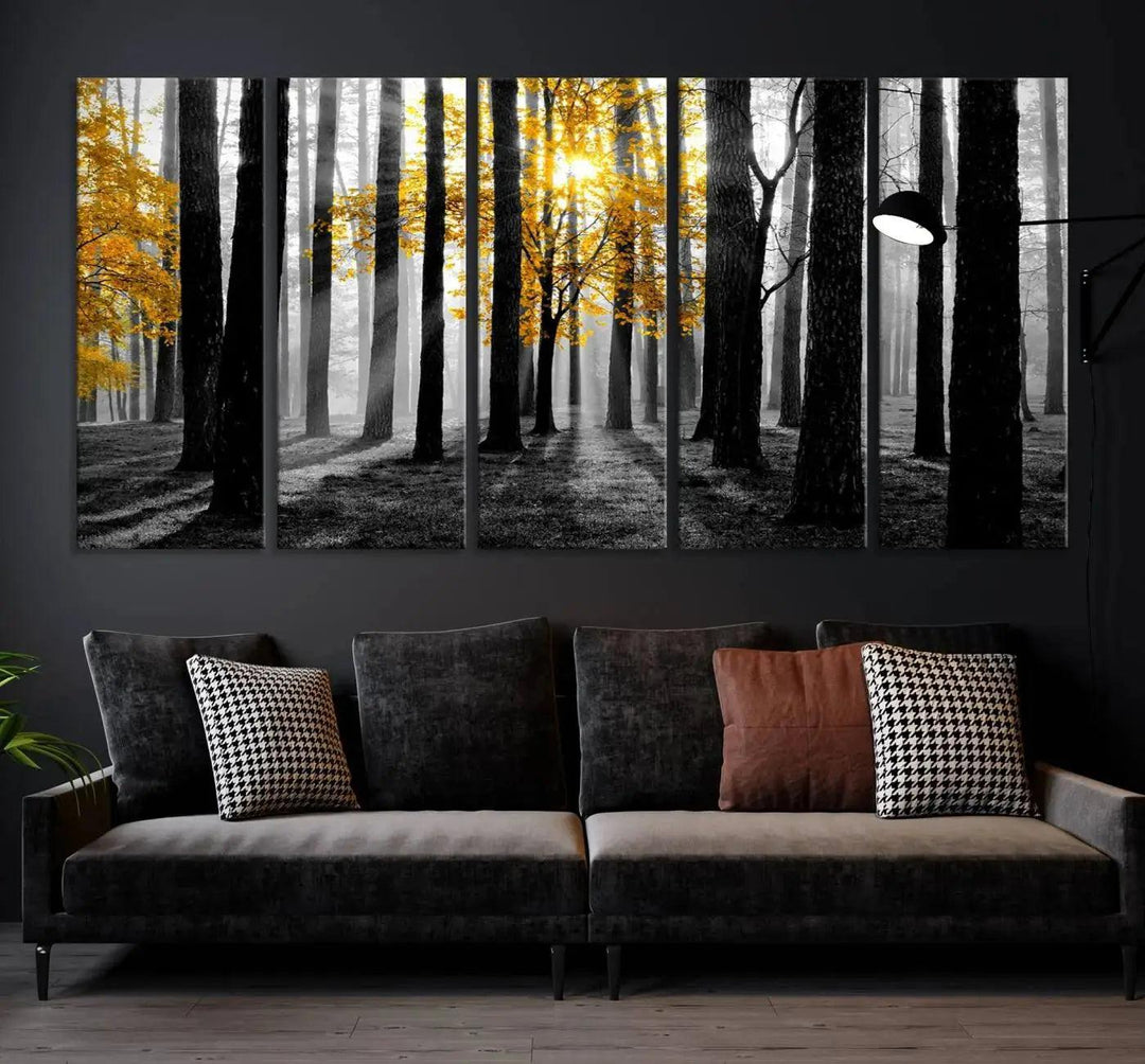 Golden Autumn Forest Canvas Wall Art Print - Black and White Landscape with Vibrant Golden Leaves for Living Room, Modern Nature Decor