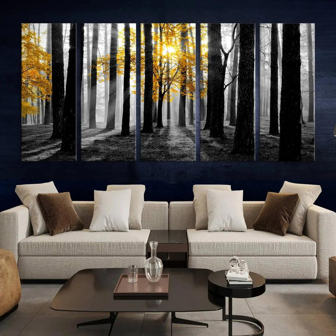 Golden Autumn Forest Canvas Wall Art Print - Black and White Landscape with Vibrant Golden Leaves for Living Room, Modern Nature Decor