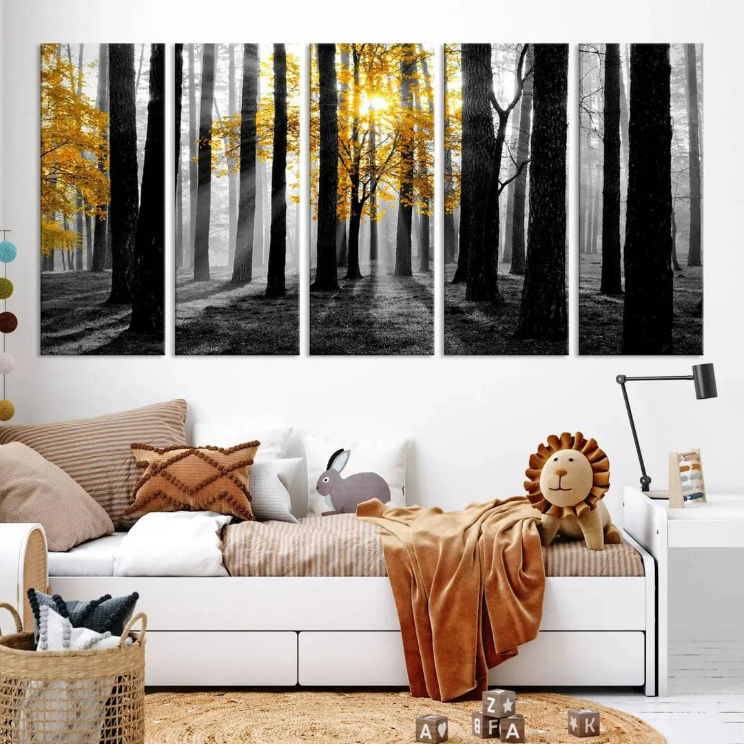 Golden Autumn Forest Canvas Wall Art Print - Black and White Landscape with Vibrant Golden Leaves for Living Room, Modern Nature Decor