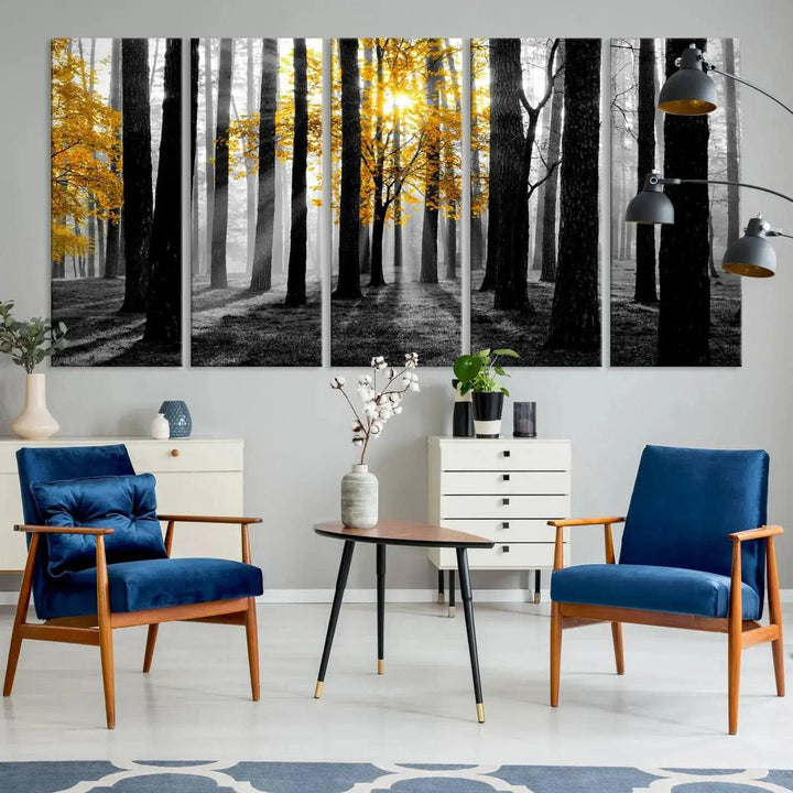 Golden Autumn Forest Canvas Wall Art Print - Black and White Landscape with Vibrant Golden Leaves for Living Room, Modern Nature Decor