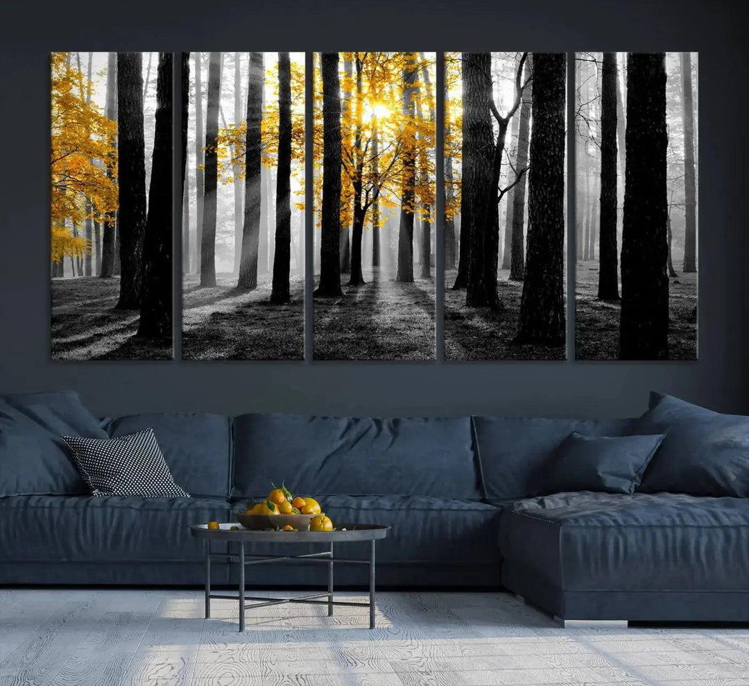 Golden Autumn Forest Canvas Wall Art Print - Black and White Landscape with Vibrant Golden Leaves for Living Room, Modern Nature Decor