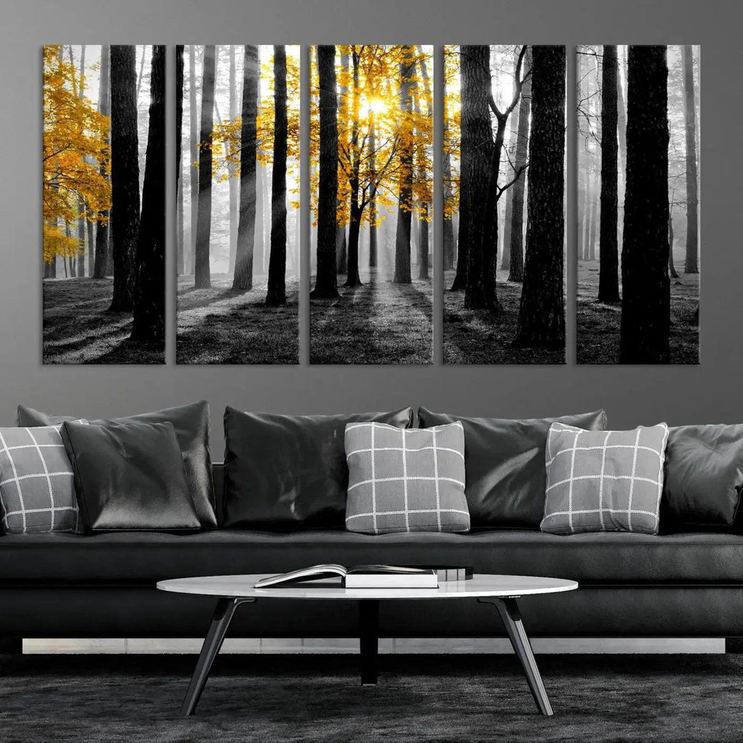 Golden Autumn Forest Canvas Wall Art Print - Black and White Landscape with Vibrant Golden Leaves for Living Room, Modern Nature Decor