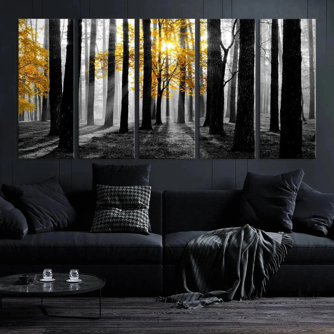 Golden Autumn Forest Canvas Wall Art Print - Black and White Landscape with Vibrant Golden Leaves for Living Room, Modern Nature Decor