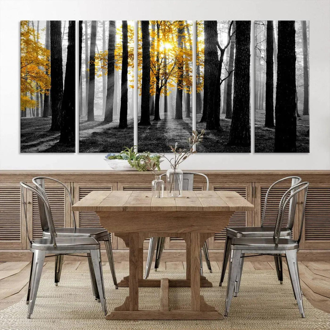 Golden Autumn Forest Canvas Wall Art Print - Black and White Landscape with Vibrant Golden Leaves for Living Room, Modern Nature Decor