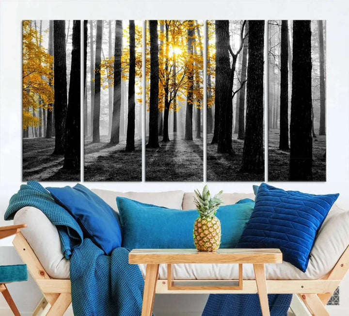 Golden Autumn Forest Canvas Wall Art Print - Black and White Landscape with Vibrant Golden Leaves for Living Room, Modern Nature Decor