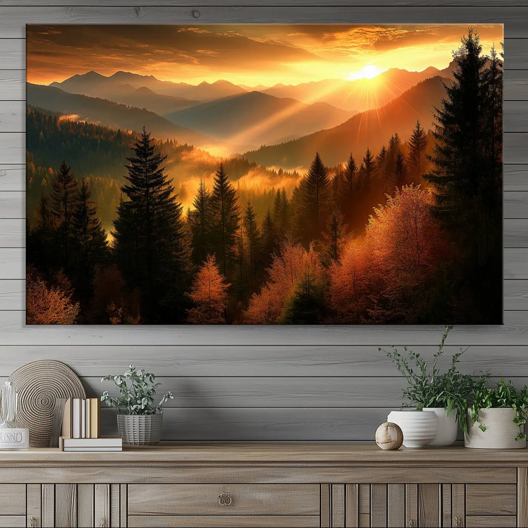 Golden Sunset Over Mountain Forest Canvas Wall Art Print - Warm Nature-Inspired Landscape for Living Room, Dining Room, or Office, Ready to Hang