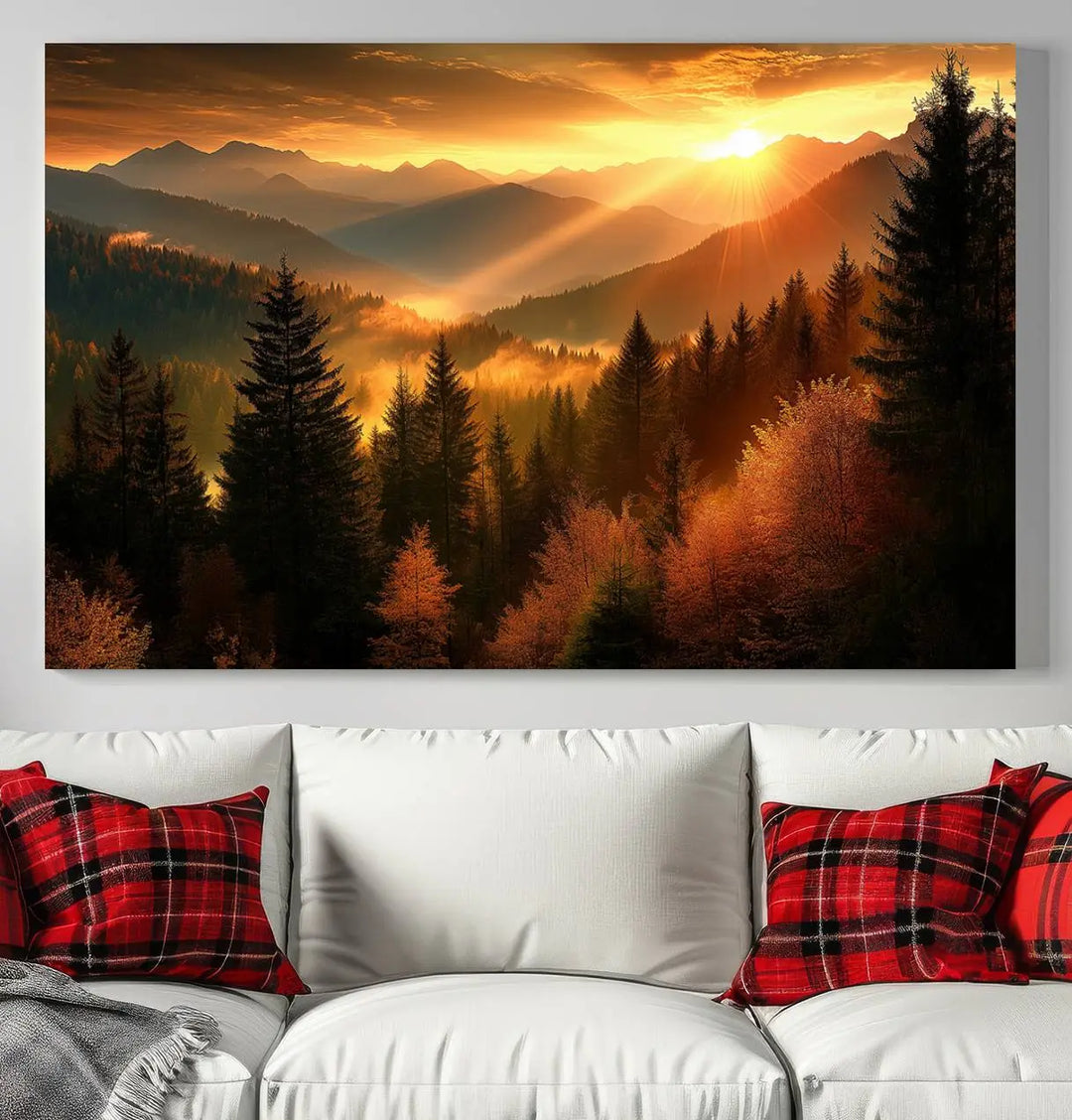 Golden Sunset Over Mountain Forest Canvas Wall Art Print - Warm Nature-Inspired Landscape for Living Room, Dining Room, or Office, Ready to Hang