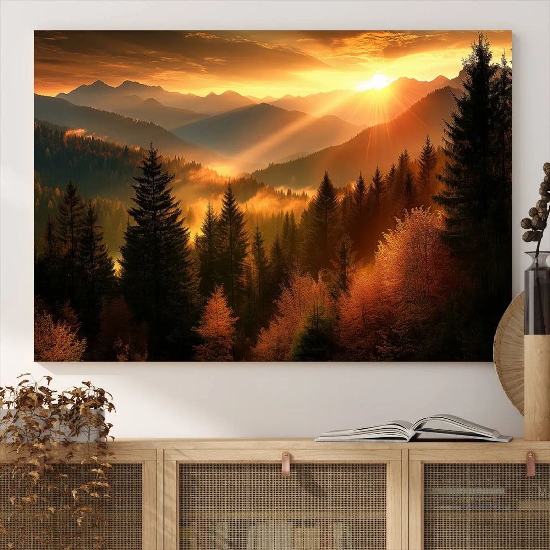 Golden Sunset Over Mountain Forest Canvas Wall Art Print - Warm Nature-Inspired Landscape for Living Room, Dining Room, or Office, Ready to Hang