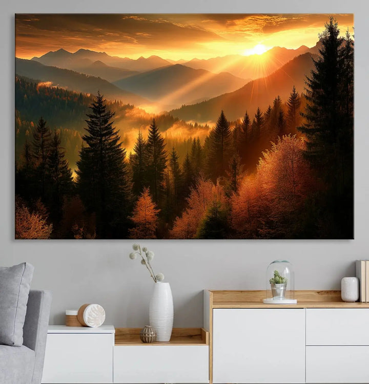 Golden Sunset Over Mountain Forest Canvas Wall Art Print - Warm Nature-Inspired Landscape for Living Room, Dining Room, or Office, Ready to Hang