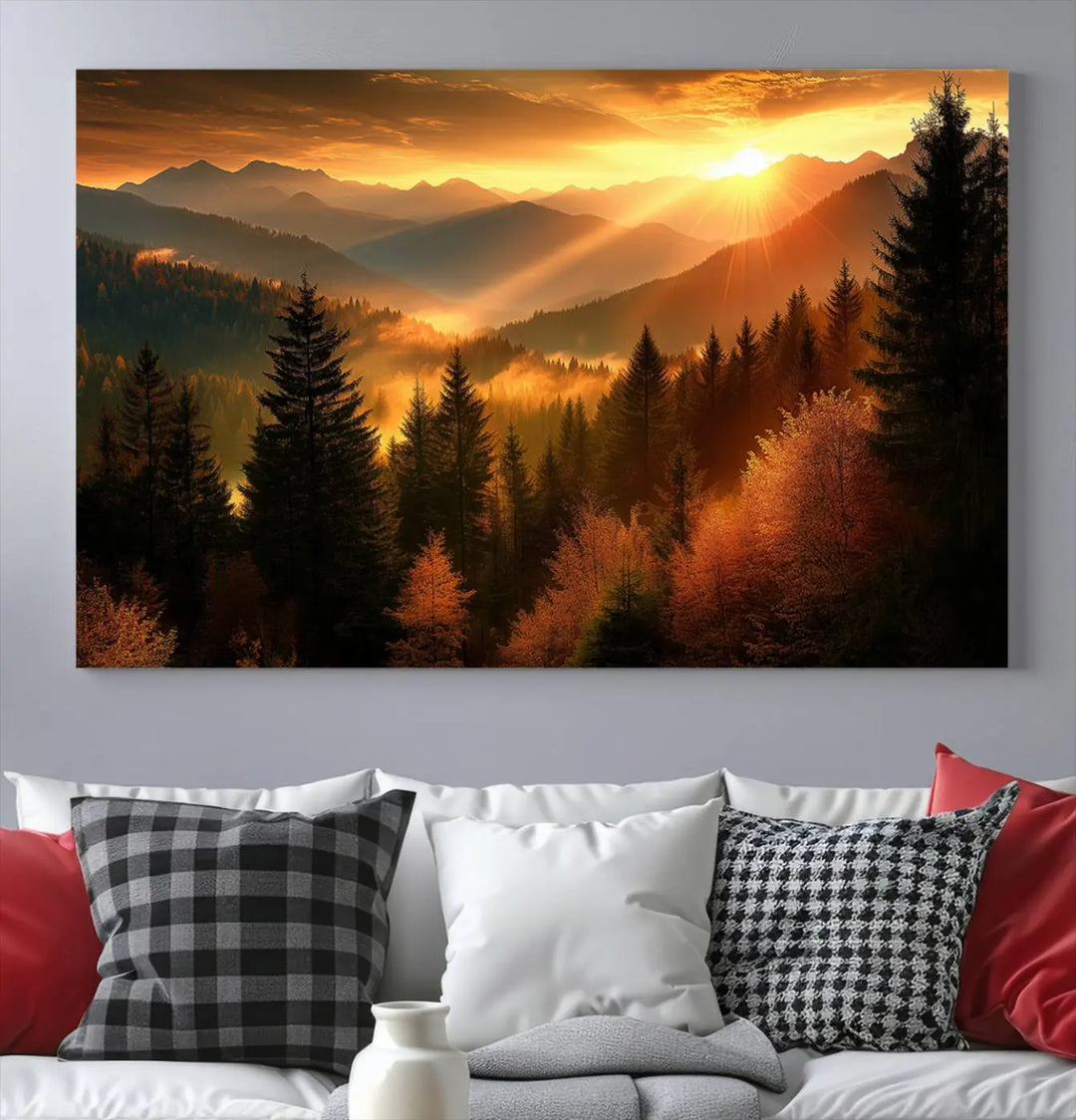 Golden Sunset Over Mountain Forest Canvas Wall Art Print - Warm Nature-Inspired Landscape for Living Room, Dining Room, or Office, Ready to Hang