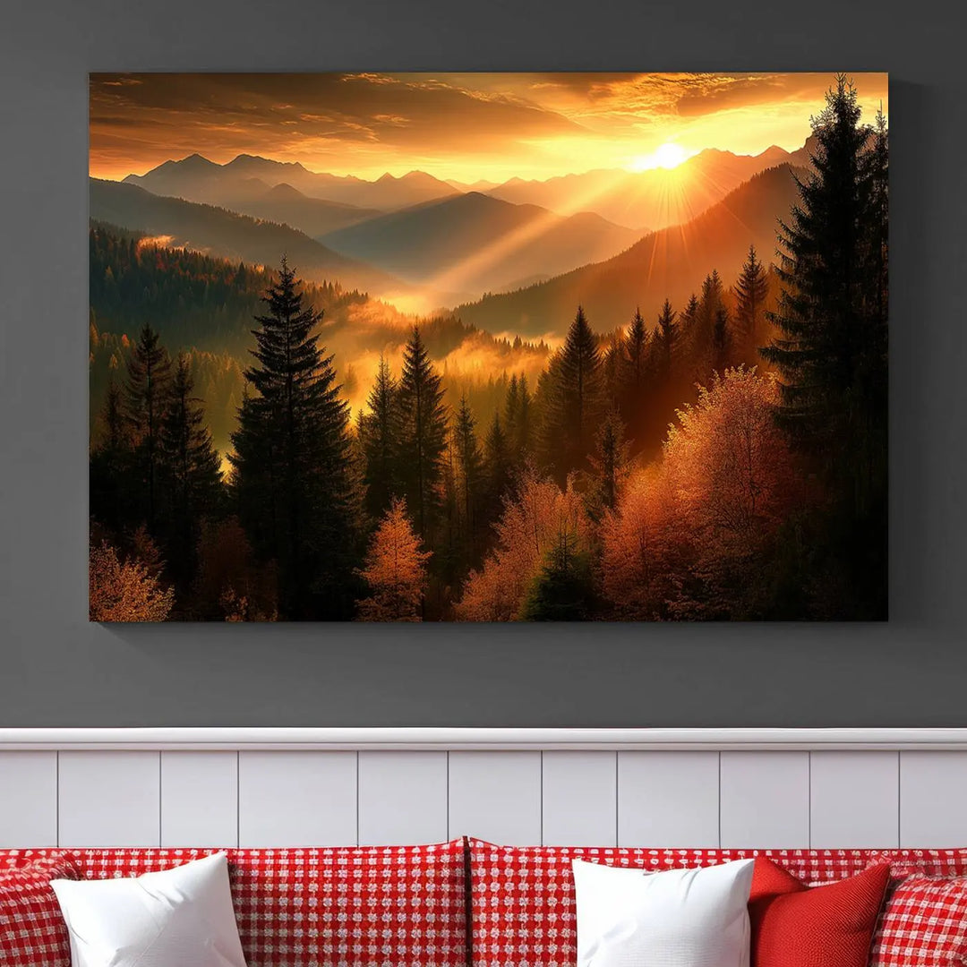 Golden Sunset Over Mountain Forest Canvas Wall Art Print - Warm Nature-Inspired Landscape for Living Room, Dining Room, or Office, Ready to Hang