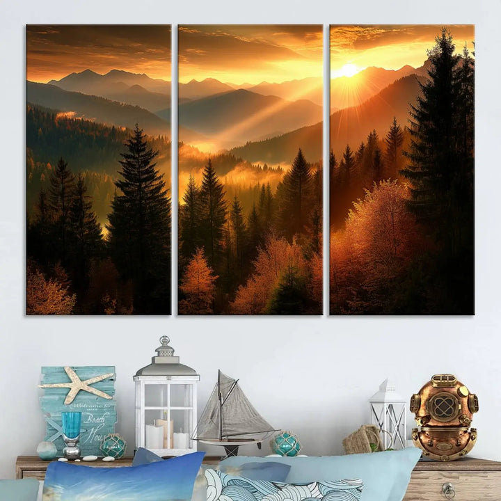 Golden Sunset Over Mountain Forest Canvas Wall Art Print - Warm Nature-Inspired Landscape for Living Room, Dining Room, or Office, Ready to Hang