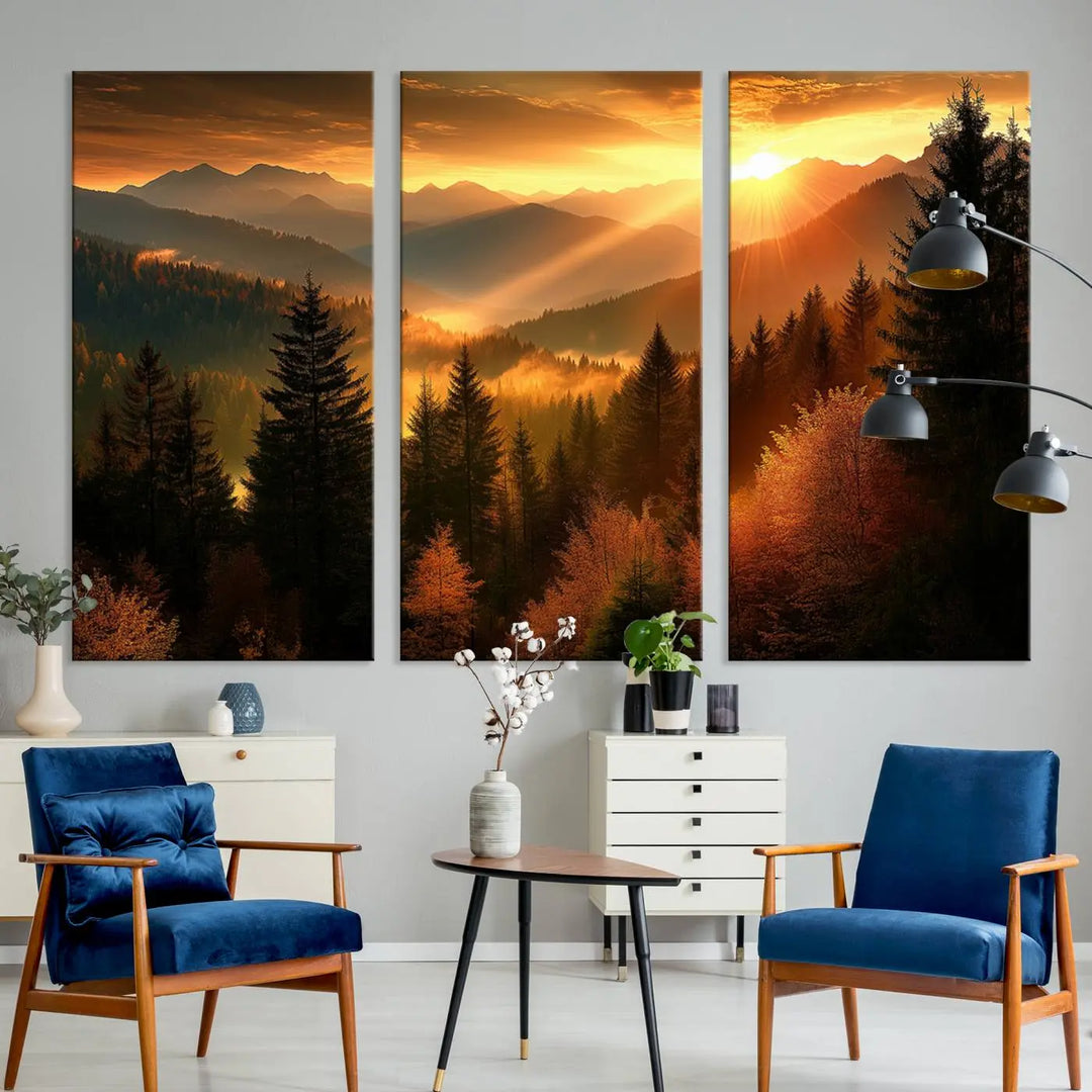 Golden Sunset Over Mountain Forest Canvas Wall Art Print - Warm Nature-Inspired Landscape for Living Room, Dining Room, or Office, Ready to Hang