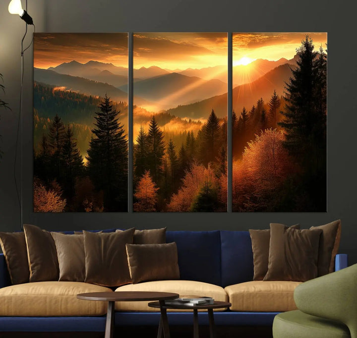 Golden Sunset Over Mountain Forest Canvas Wall Art Print - Warm Nature-Inspired Landscape for Living Room, Dining Room, or Office, Ready to Hang