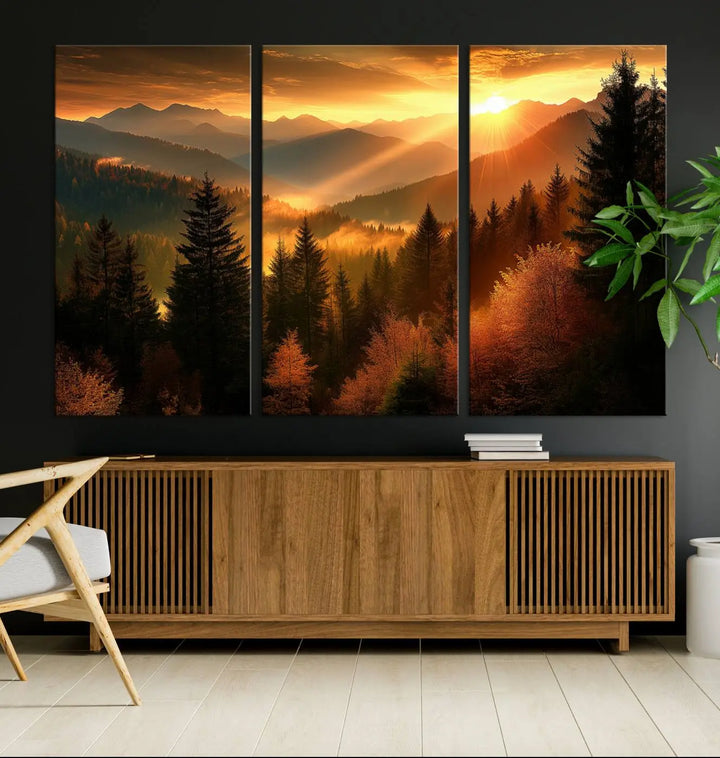 Golden Sunset Over Mountain Forest Canvas Wall Art Print - Warm Nature-Inspired Landscape for Living Room, Dining Room, or Office, Ready to Hang