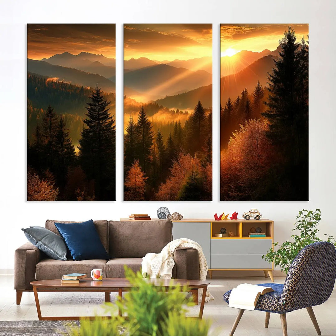 Golden Sunset Over Mountain Forest Canvas Wall Art Print - Warm Nature-Inspired Landscape for Living Room, Dining Room, or Office, Ready to Hang