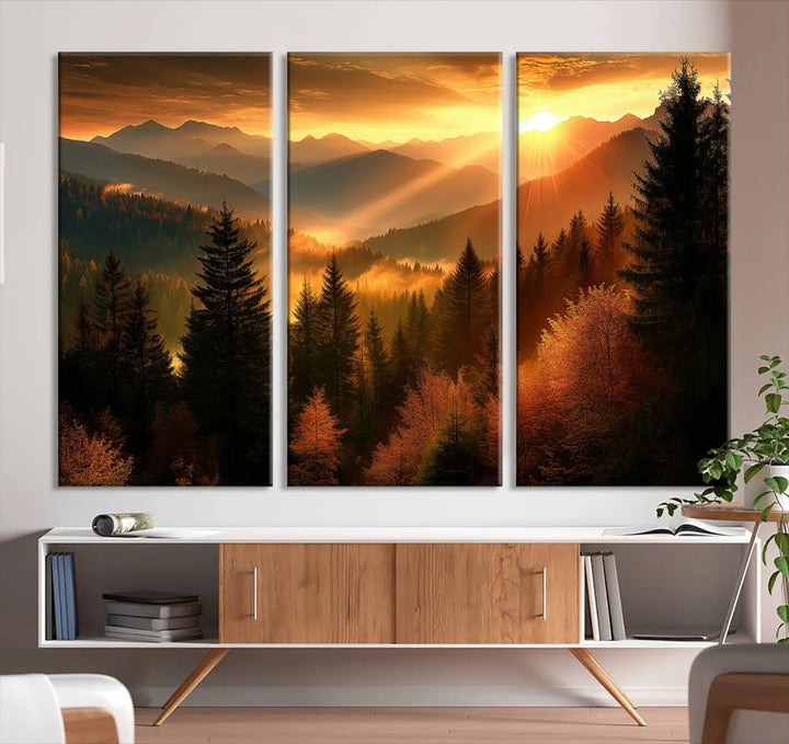 Golden Sunset Over Mountain Forest Canvas Wall Art Print - Warm Nature-Inspired Landscape for Living Room, Dining Room, or Office, Ready to Hang