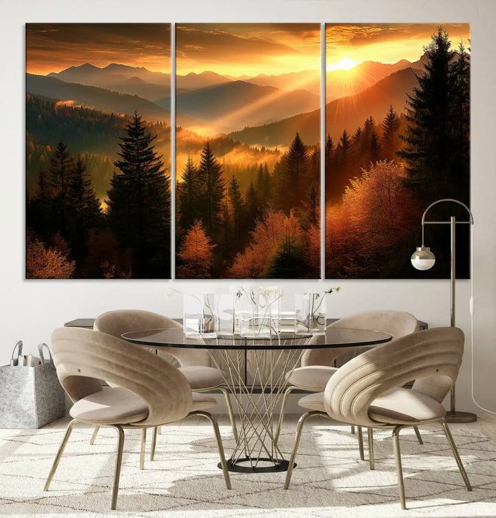 Golden Sunset Over Mountain Forest Canvas Wall Art Print - Warm Nature-Inspired Landscape for Living Room, Dining Room, or Office, Ready to Hang