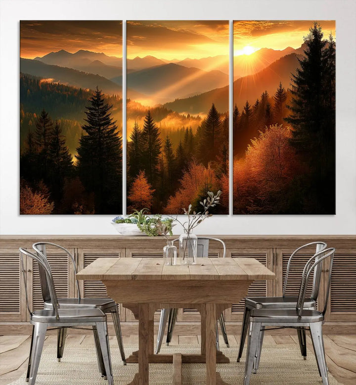 Golden Sunset Over Mountain Forest Canvas Wall Art Print - Warm Nature-Inspired Landscape for Living Room, Dining Room, or Office, Ready to Hang