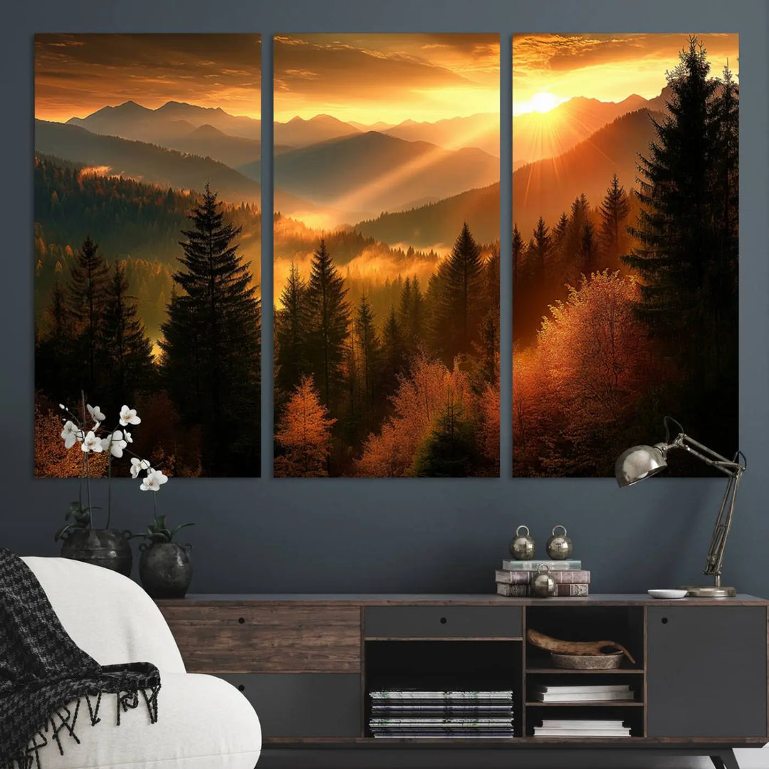 Golden Sunset Over Mountain Forest Canvas Wall Art Print - Warm Nature-Inspired Landscape for Living Room, Dining Room, or Office, Ready to Hang