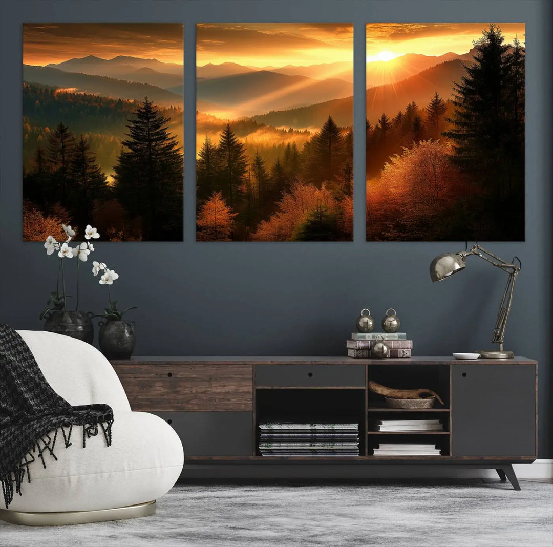 Golden Sunset Over Mountain Forest Canvas Wall Art Print - Warm Nature-Inspired Landscape for Living Room, Dining Room, or Office, Ready to Hang