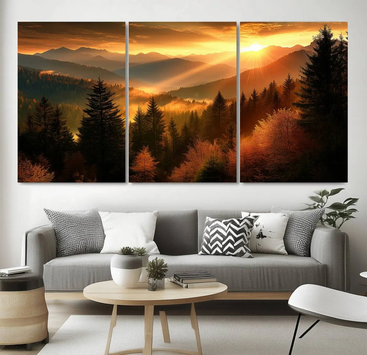 Golden Sunset Over Mountain Forest Canvas Wall Art Print - Warm Nature-Inspired Landscape for Living Room, Dining Room, or Office, Ready to Hang