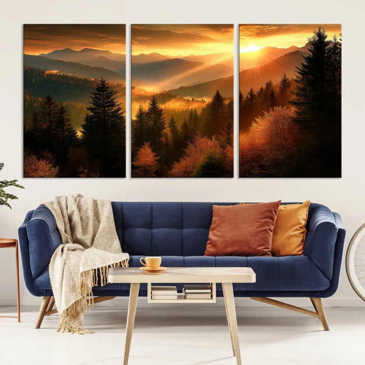 Golden Sunset Over Mountain Forest Canvas Wall Art Print - Warm Nature-Inspired Landscape for Living Room, Dining Room, or Office, Ready to Hang