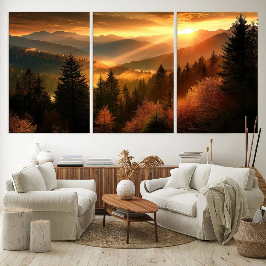 Golden Sunset Over Mountain Forest Canvas Wall Art Print - Warm Nature-Inspired Landscape for Living Room, Dining Room, or Office, Ready to Hang