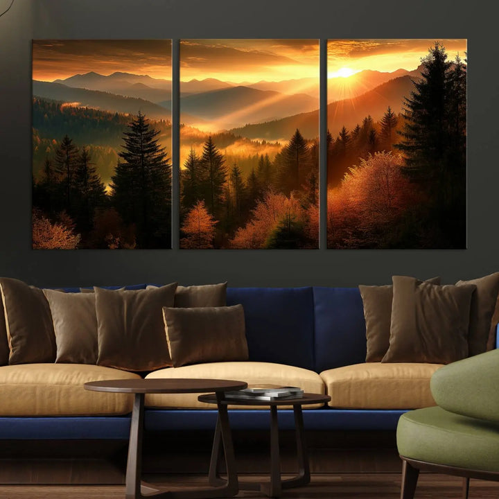 Golden Sunset Over Mountain Forest Canvas Wall Art Print - Warm Nature-Inspired Landscape for Living Room, Dining Room, or Office, Ready to Hang