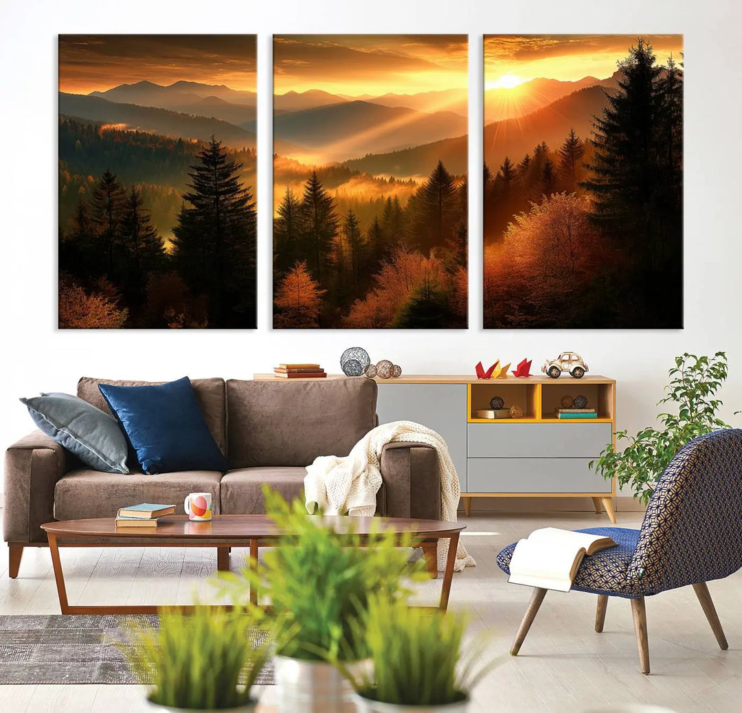 Golden Sunset Over Mountain Forest Canvas Wall Art Print - Warm Nature-Inspired Landscape for Living Room, Dining Room, or Office, Ready to Hang