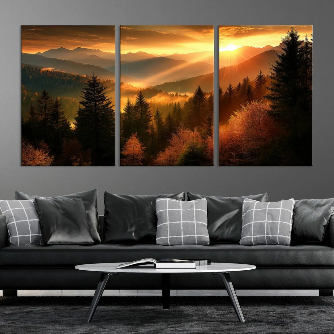 Golden Sunset Over Mountain Forest Canvas Wall Art Print - Warm Nature-Inspired Landscape for Living Room, Dining Room, or Office, Ready to Hang