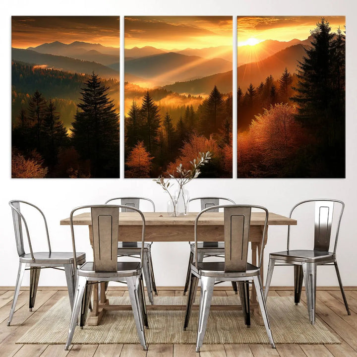 Golden Sunset Over Mountain Forest Canvas Wall Art Print - Warm Nature-Inspired Landscape for Living Room, Dining Room, or Office, Ready to Hang