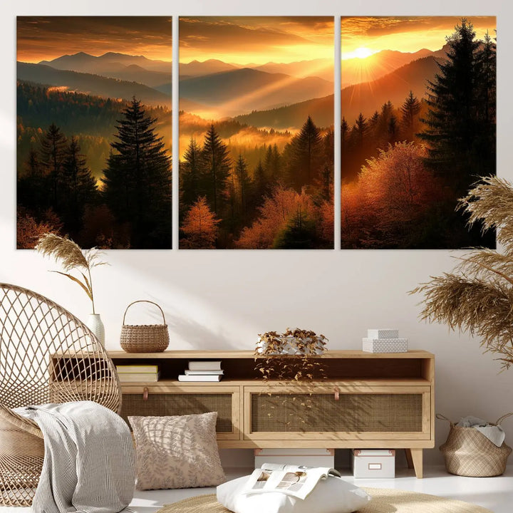 Golden Sunset Over Mountain Forest Canvas Wall Art Print - Warm Nature-Inspired Landscape for Living Room, Dining Room, or Office, Ready to Hang