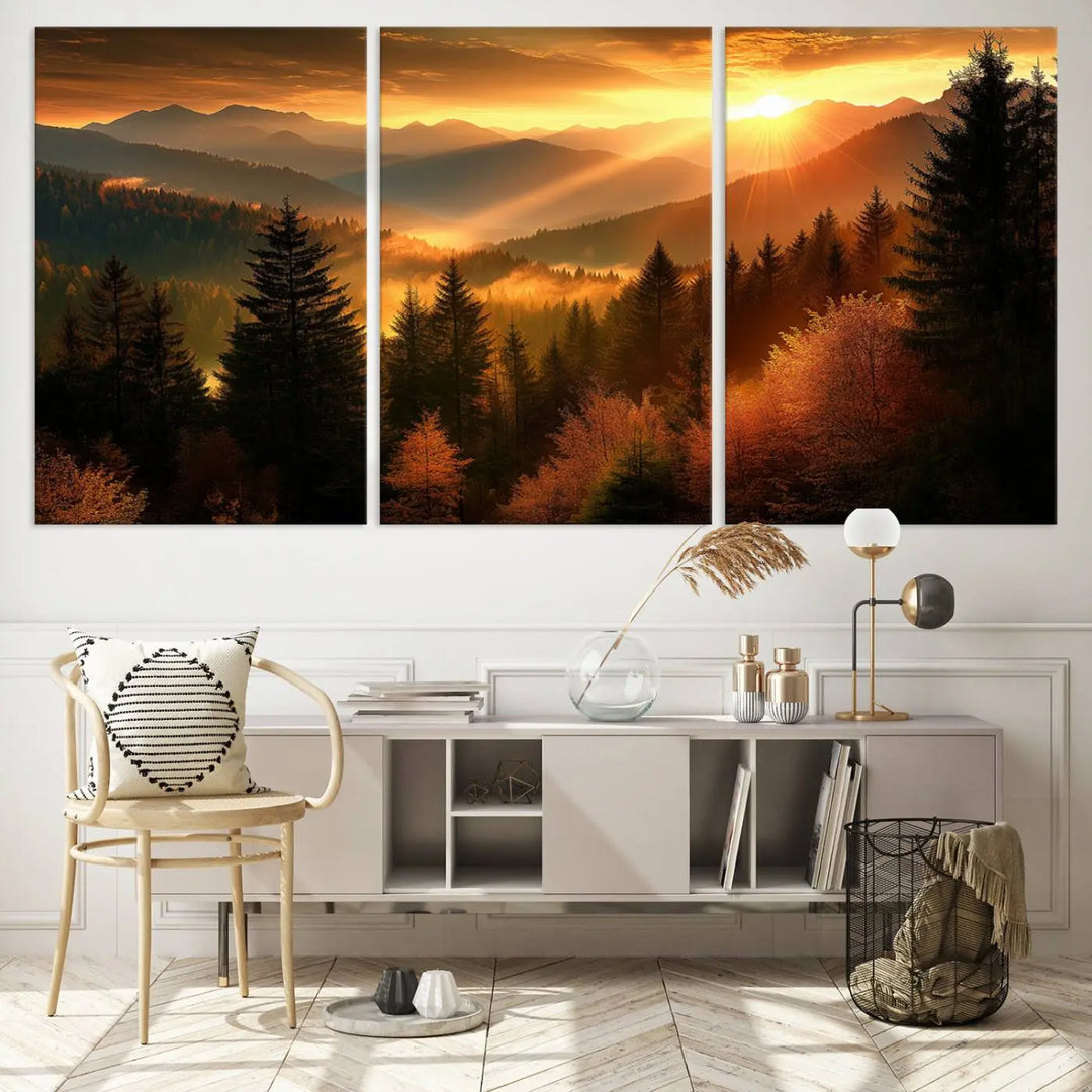 Golden Sunset Over Mountain Forest Canvas Wall Art Print - Warm Nature-Inspired Landscape for Living Room, Dining Room, or Office, Ready to Hang