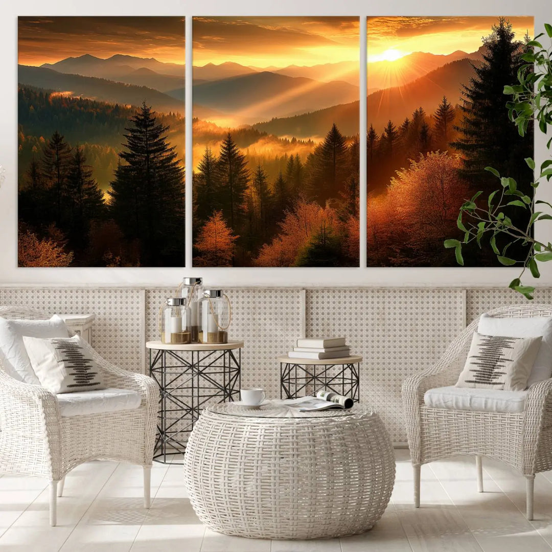 Golden Sunset Over Mountain Forest Canvas Wall Art Print - Warm Nature-Inspired Landscape for Living Room, Dining Room, or Office, Ready to Hang