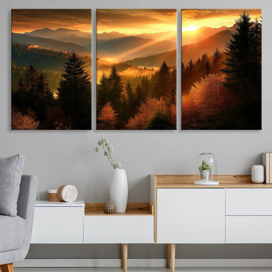 Golden Sunset Over Mountain Forest Canvas Wall Art Print - Warm Nature-Inspired Landscape for Living Room, Dining Room, or Office, Ready to Hang