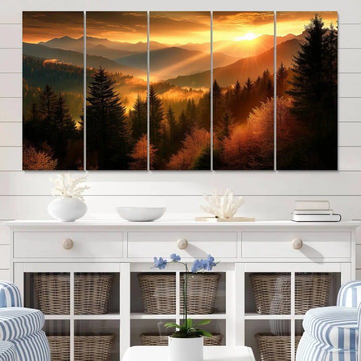 Golden Sunset Over Mountain Forest Canvas Wall Art Print - Warm Nature-Inspired Landscape for Living Room, Dining Room, or Office, Ready to Hang