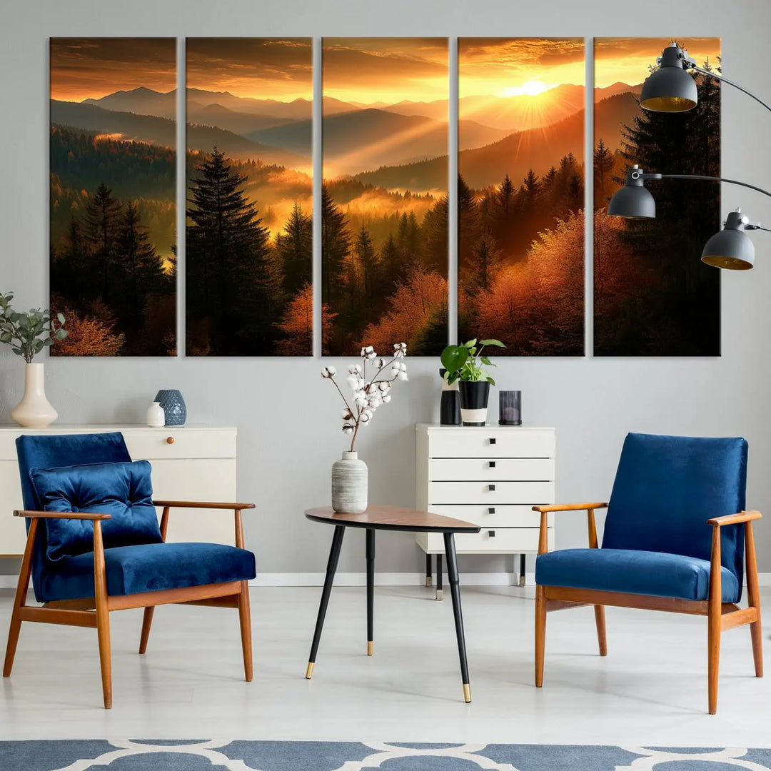 Golden Sunset Over Mountain Forest Canvas Wall Art Print - Warm Nature-Inspired Landscape for Living Room, Dining Room, or Office, Ready to Hang