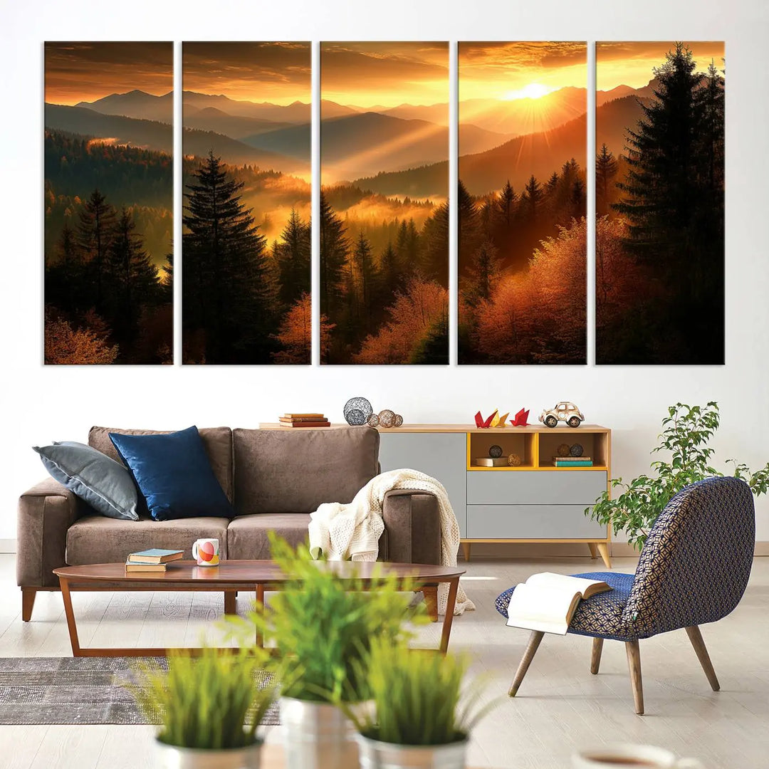 Golden Sunset Over Mountain Forest Canvas Wall Art Print - Warm Nature-Inspired Landscape for Living Room, Dining Room, or Office, Ready to Hang