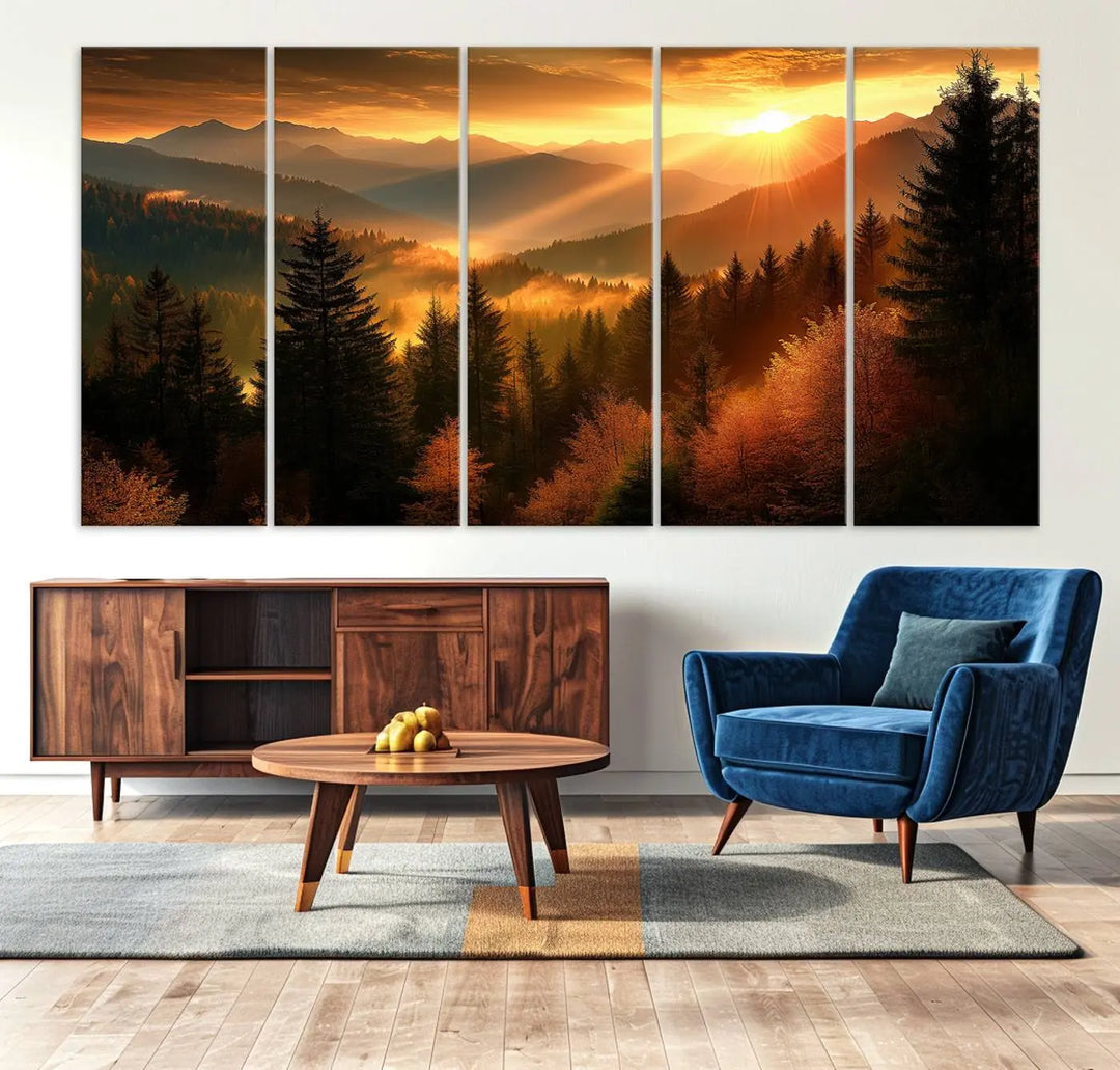 Golden Sunset Over Mountain Forest Canvas Wall Art Print - Warm Nature-Inspired Landscape for Living Room, Dining Room, or Office, Ready to Hang