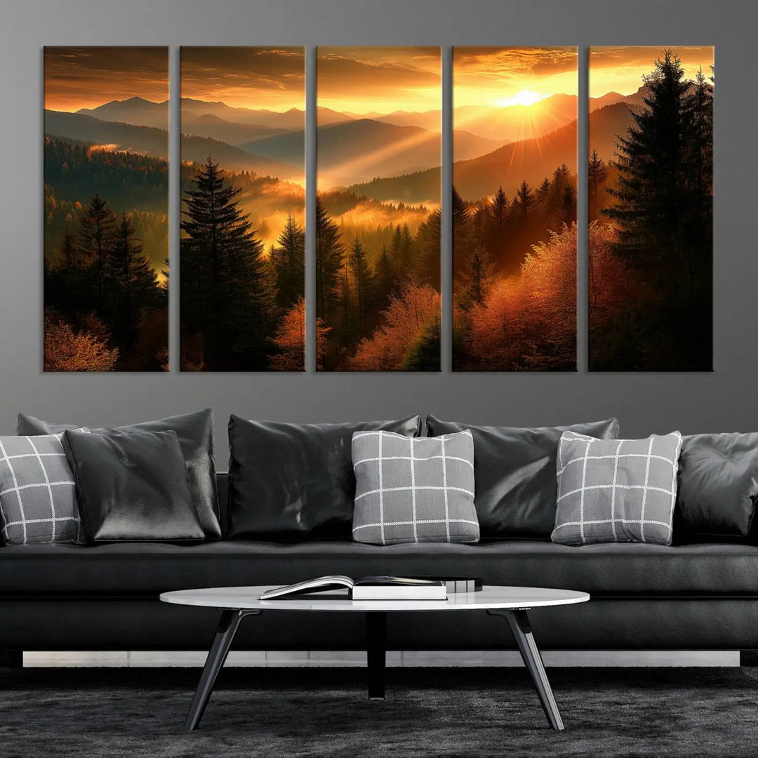 Golden Sunset Over Mountain Forest Canvas Wall Art Print - Warm Nature-Inspired Landscape for Living Room, Dining Room, or Office, Ready to Hang