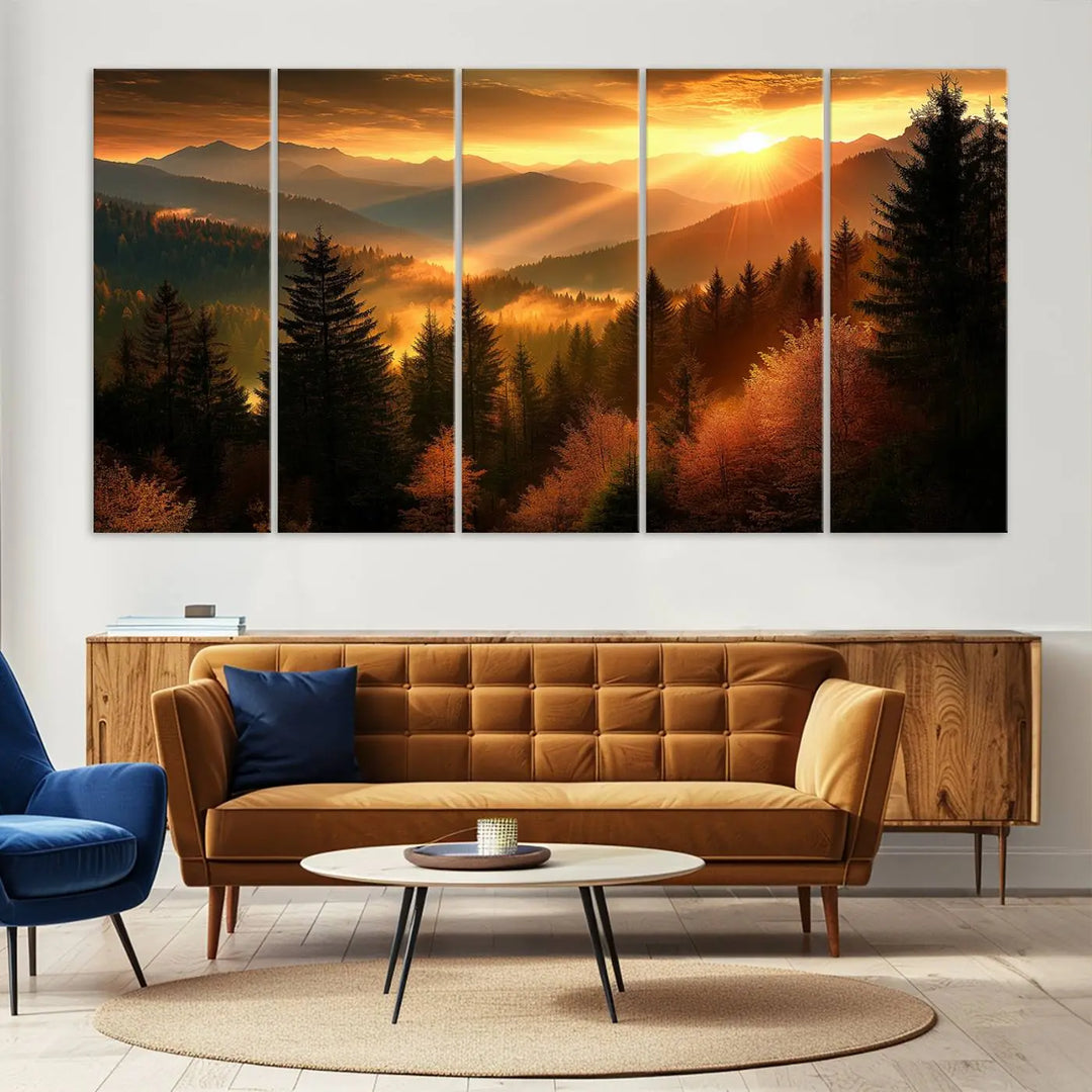 Golden Sunset Over Mountain Forest Canvas Wall Art Print - Warm Nature-Inspired Landscape for Living Room, Dining Room, or Office, Ready to Hang