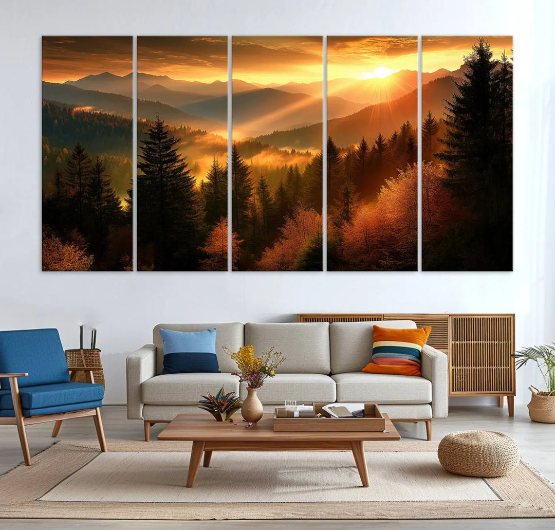 Golden Sunset Over Mountain Forest Canvas Wall Art Print - Warm Nature-Inspired Landscape for Living Room, Dining Room, or Office, Ready to Hang