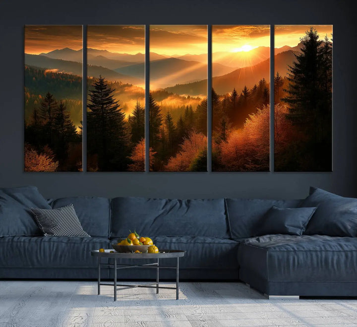 Golden Sunset Over Mountain Forest Canvas Wall Art Print - Warm Nature-Inspired Landscape for Living Room, Dining Room, or Office, Ready to Hang