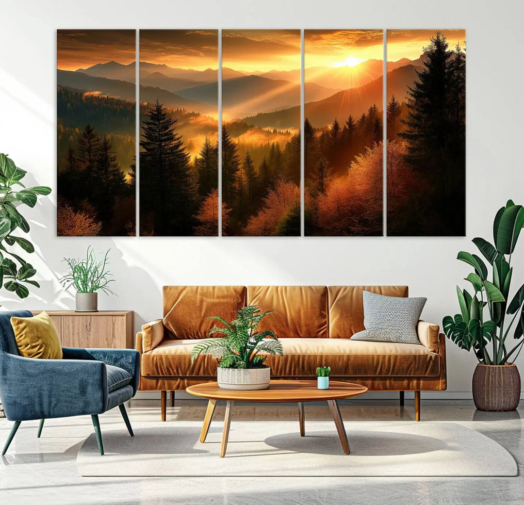 Golden Sunset Over Mountain Forest Canvas Wall Art Print - Warm Nature-Inspired Landscape for Living Room, Dining Room, or Office, Ready to Hang