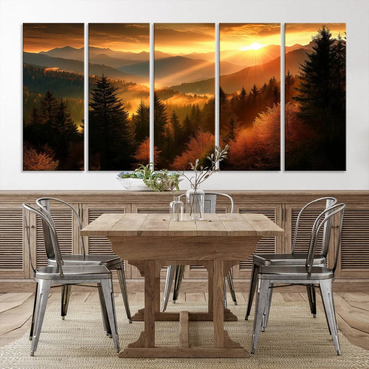 Golden Sunset Over Mountain Forest Canvas Wall Art Print - Warm Nature-Inspired Landscape for Living Room, Dining Room, or Office, Ready to Hang