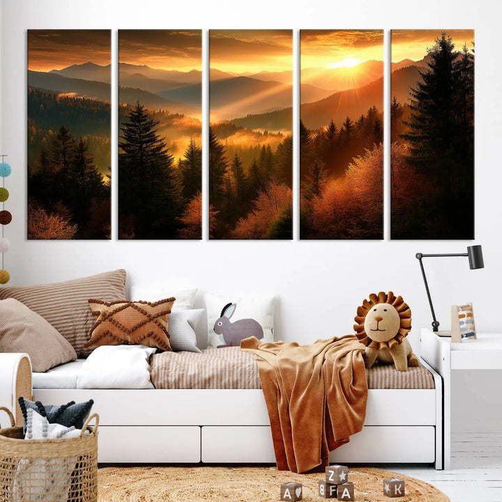 Golden Sunset Over Mountain Forest Canvas Wall Art Print - Warm Nature-Inspired Landscape for Living Room, Dining Room, or Office, Ready to Hang