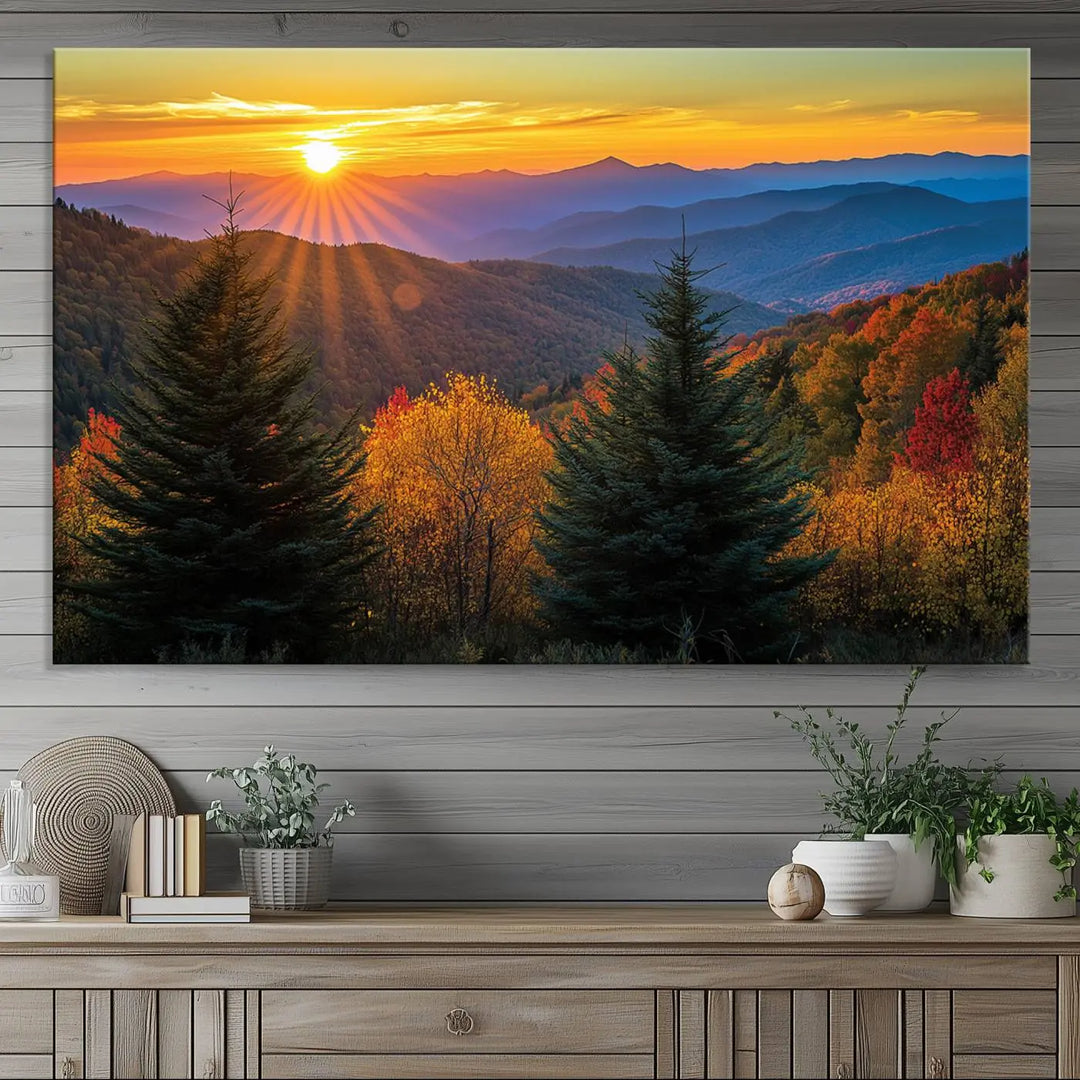 Golden Sunset Over Mountain Forest Canvas Wall Art Print - Warm Nature-Inspired Landscape for Living Room, Dining Room, or Office, Ready to Hang